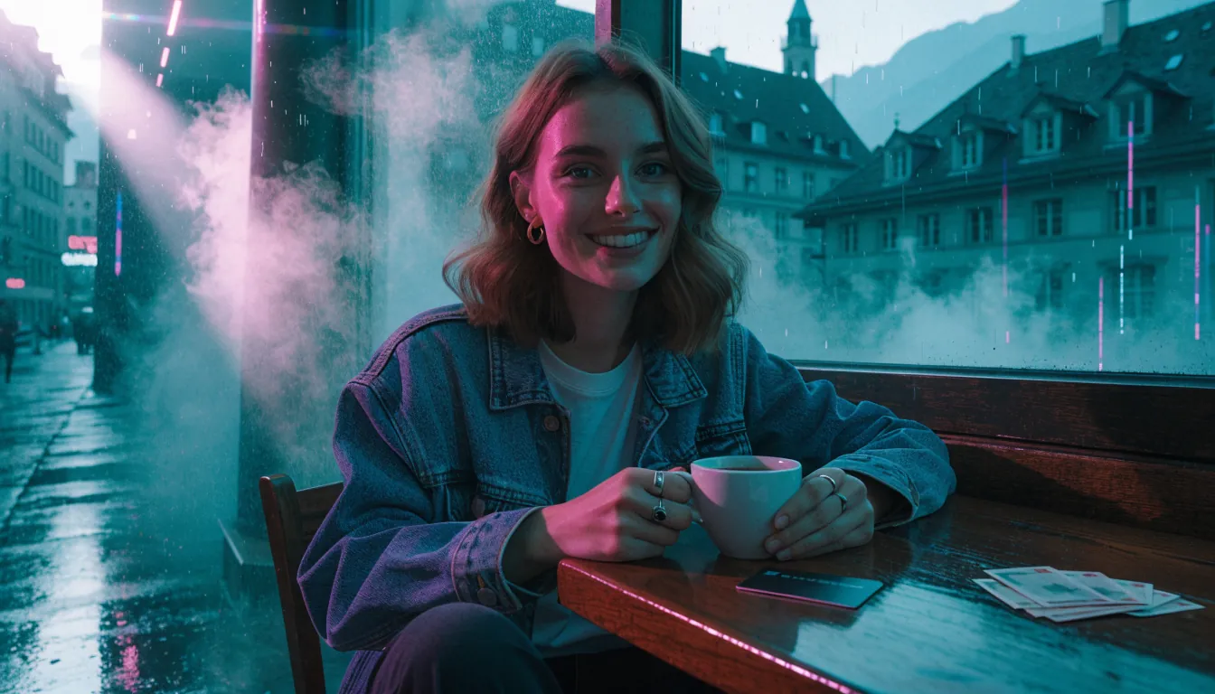 Junge Schweizerin mit Kaffee und Kreditkarte im Hintergrund Zürich