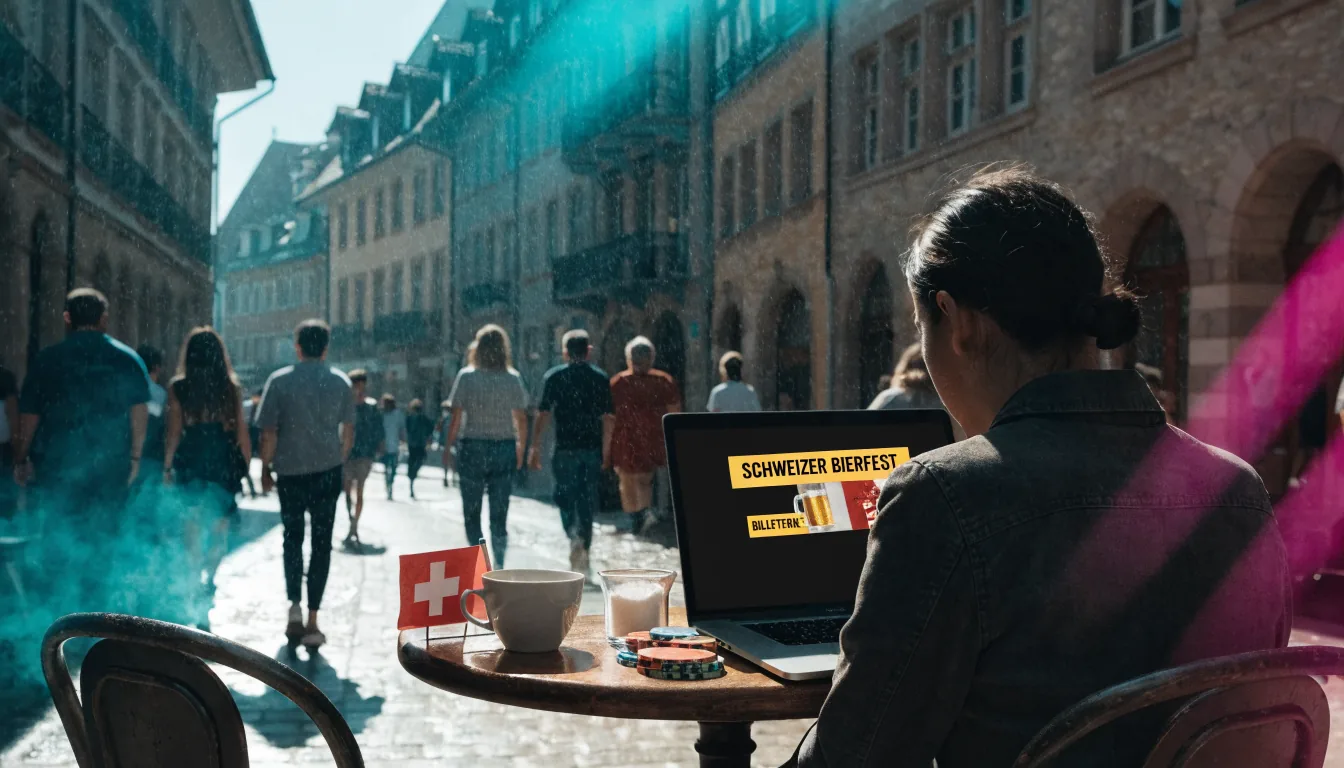 Gemütliche Café‑Terrasse in der Schweiz mit Kaffeetasse, Schweizer‑Flagge und Spielchips.