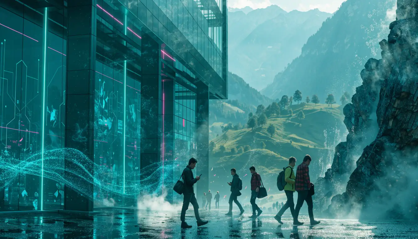 Schweizer Alpenpanorama mit modernem Casino-Gebäude