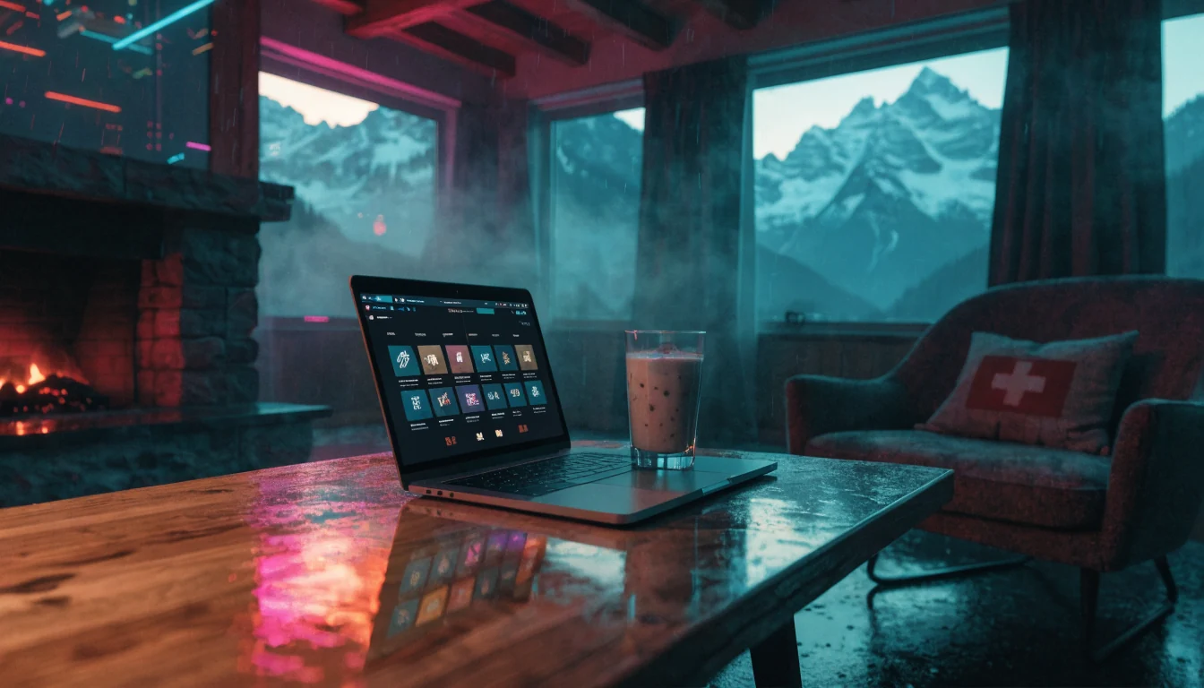 Modern Swiss chalet interior mit Laptop und Casino‑Lobby