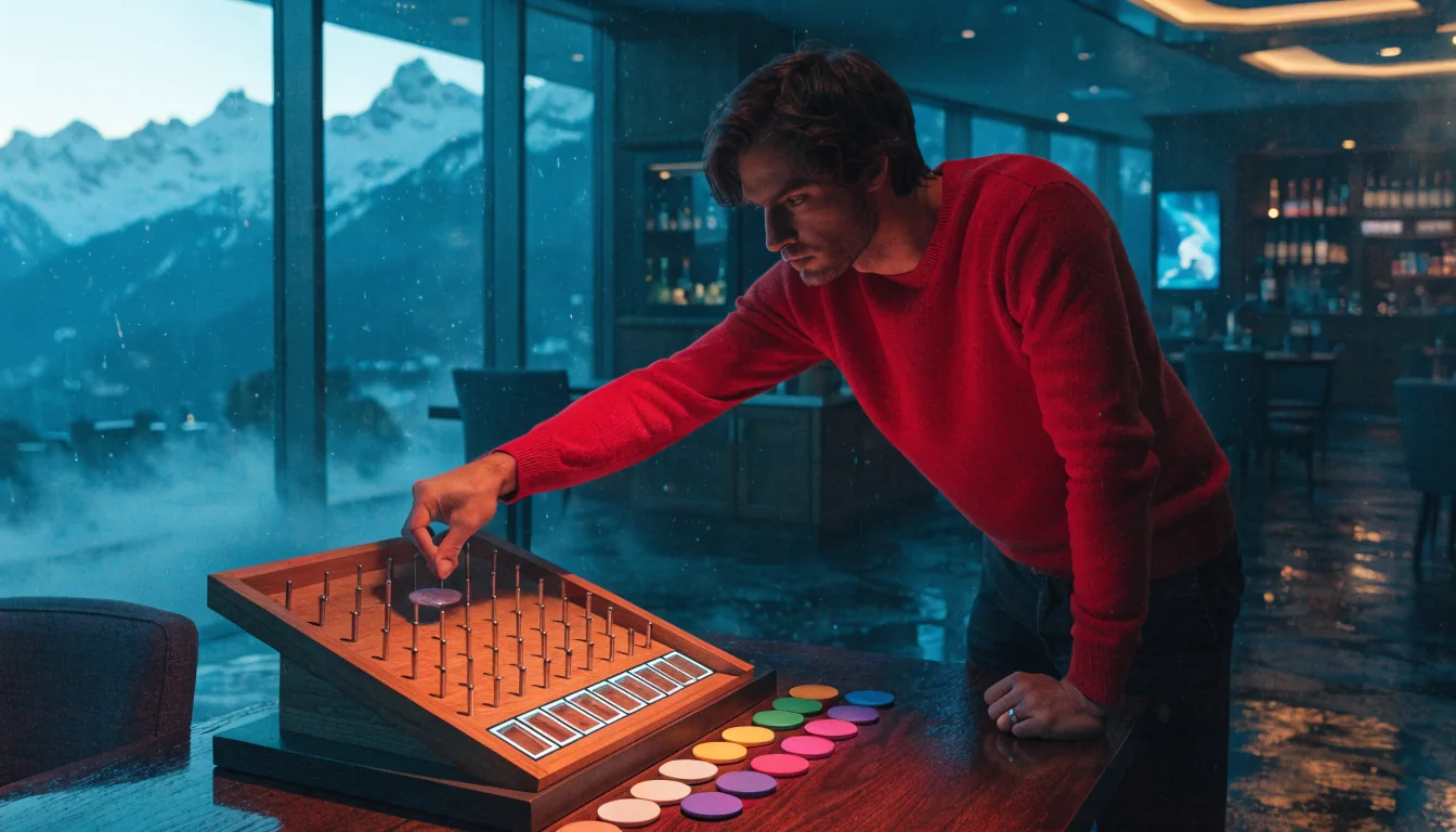 Schweizer Casino mit Plinko‑Tisch und Alpenblick