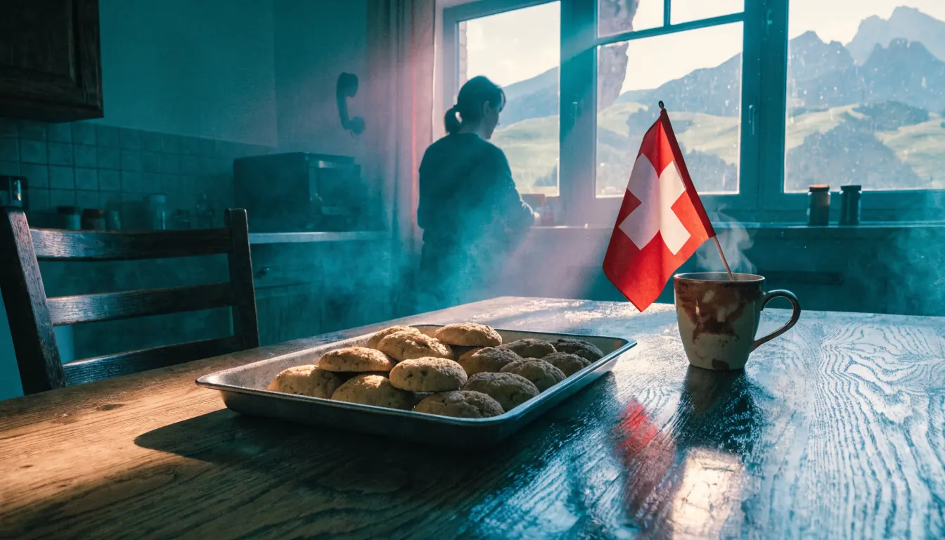 Schweizer Küche mit Tablett voller Kekse und Kaffeetasse