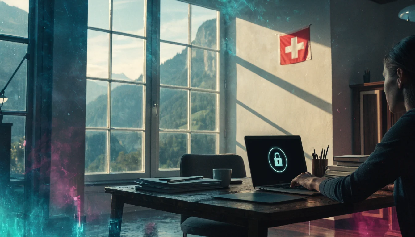 Schweizer Büro mit Laptop und Datenschutzsymbol