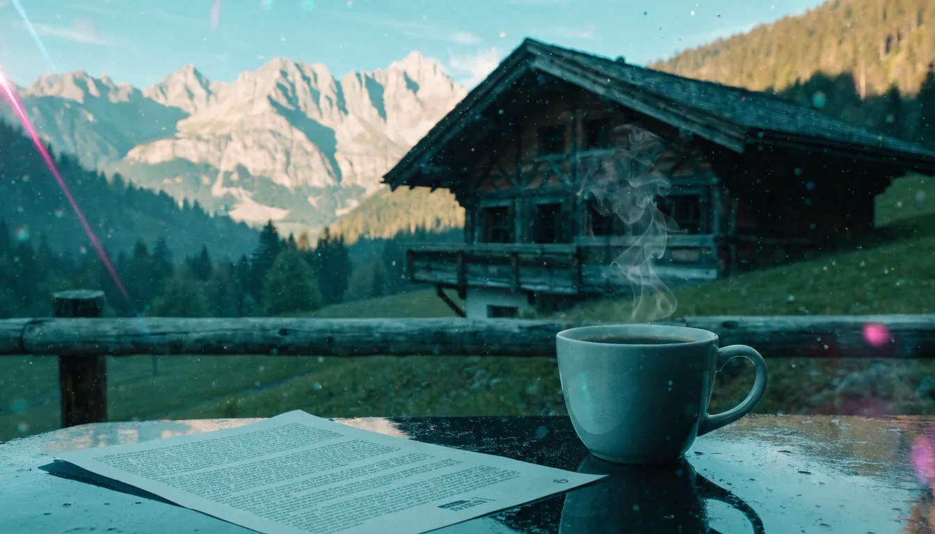 Schweizer Alpenlandschaft mit Chalet und rechtlichem Hinweis