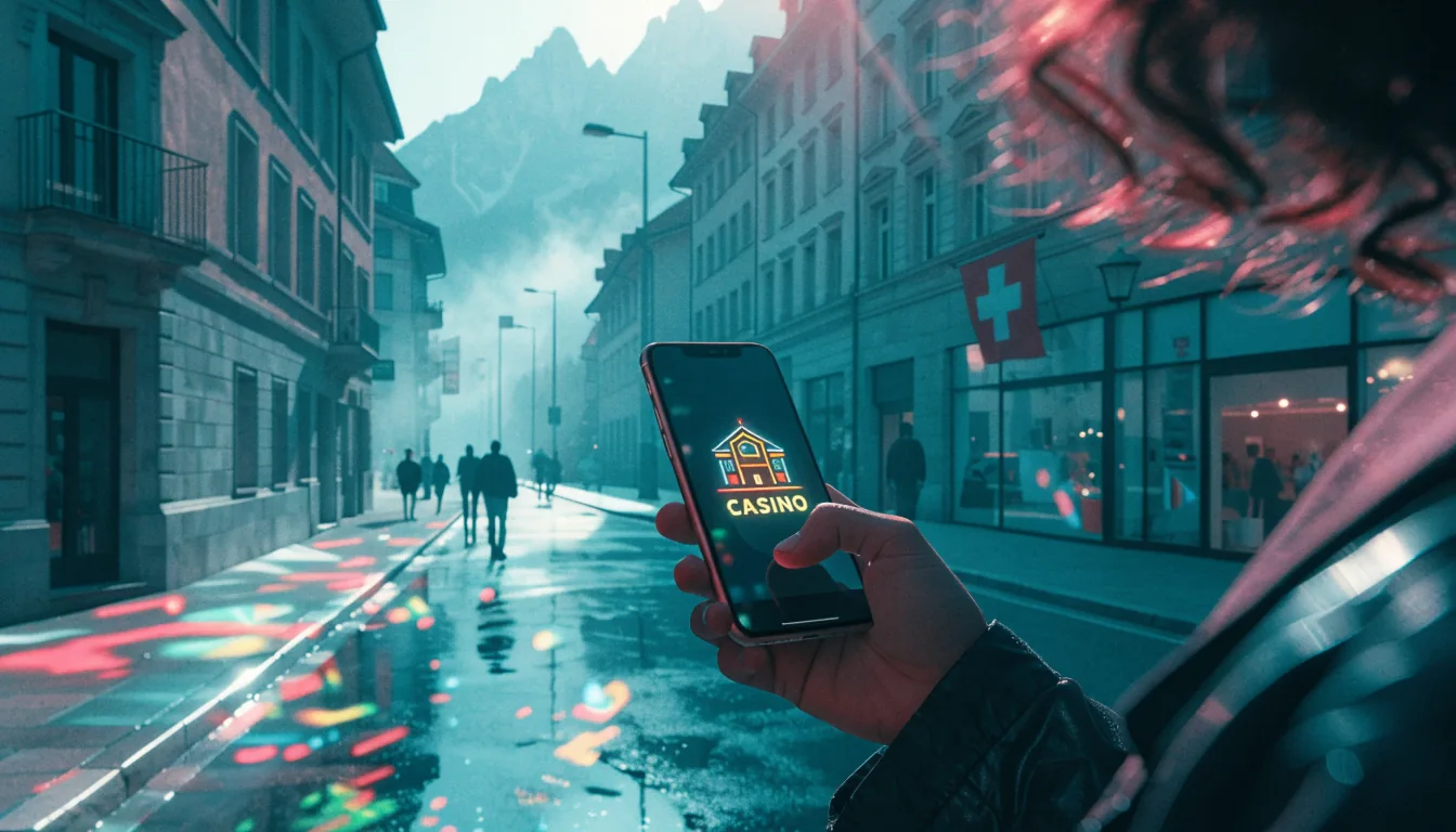 Junger Erwachsener mit Smartphone vor Alpen im Schweizer Stadtbild