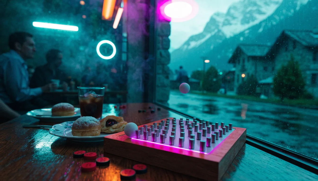 Plinko‑ähnliches Spielbrett mit Murmel in Café