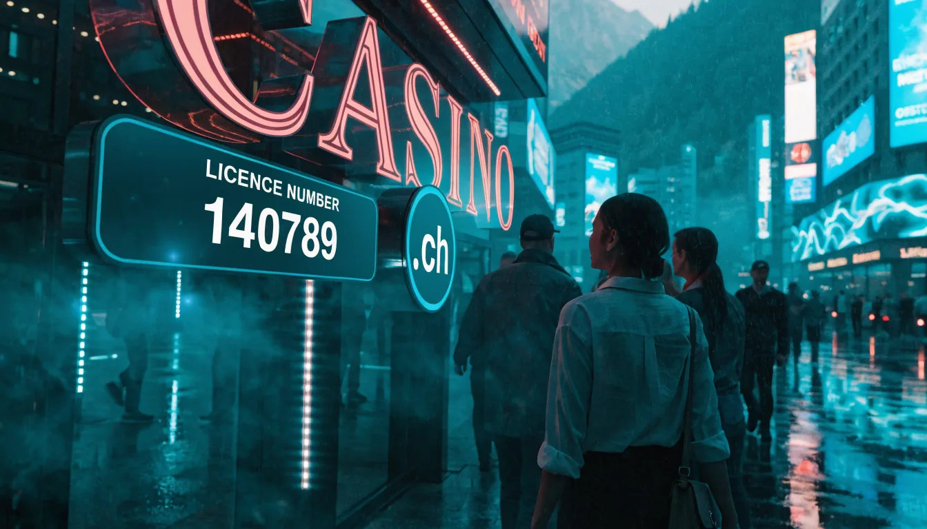 Casino-Eingang mit Lizenznummer und .ch‑Domain in den Alpen