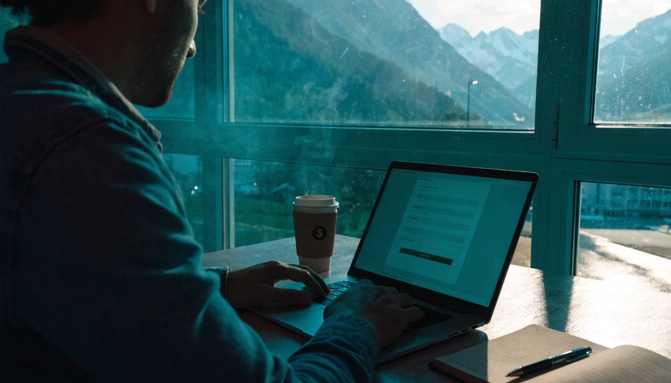 Schweizer Büro mit Laptop, Kaffeetasse und Blick auf die Alpen.