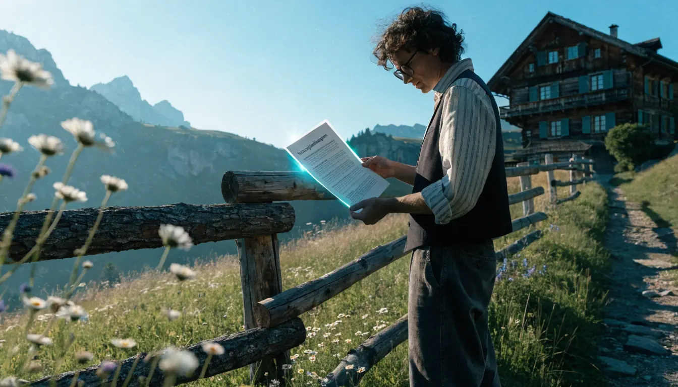 Sonnige Schweizer Alpelandschaft mit Chalet und Person, die Nutzungsbedingungen hält
