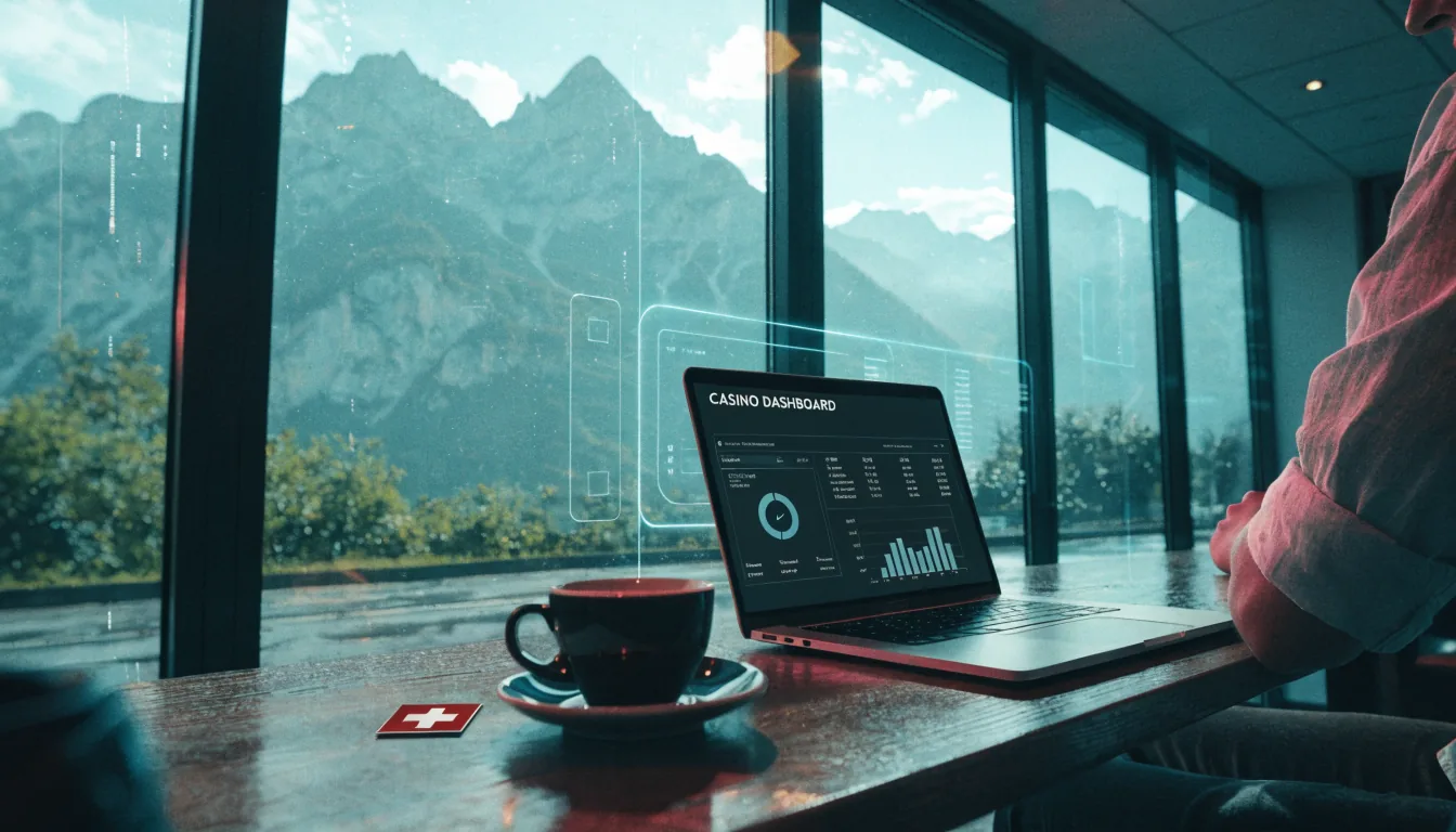Schweizer Café mit Laptop und Alpenblick