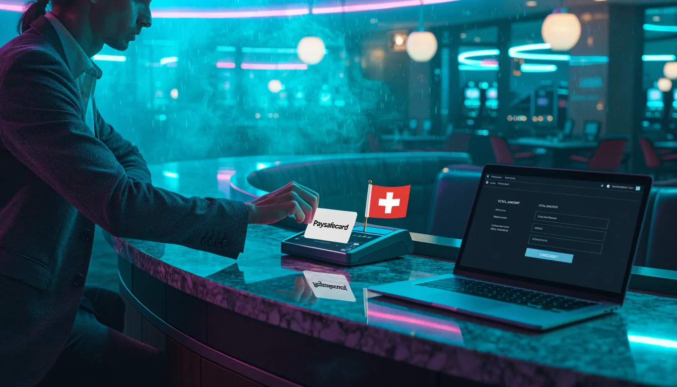 Schweizer Casino-Lounge mit Paysafecard, Laptop und Zahlungsmittel