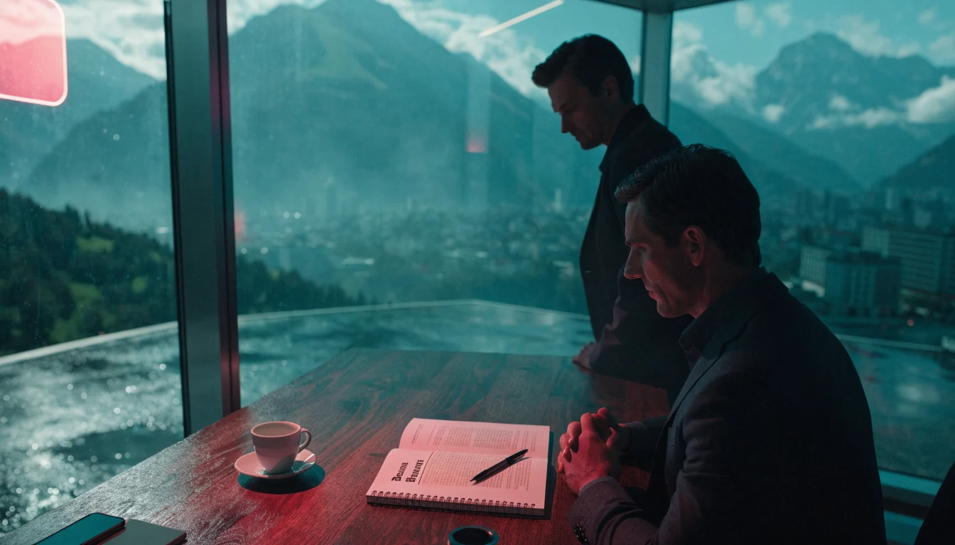 Professionelles Schweizer Büro mit Schreibtisch und Bergblick